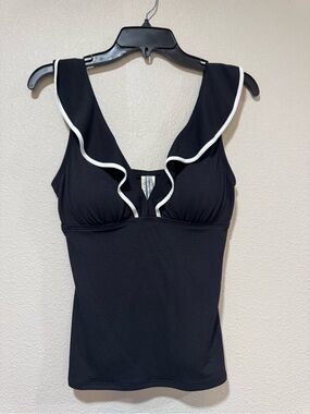 Tommy Bahama Island Cays Cabana ruffled Tankini Black with White Trim - S - New